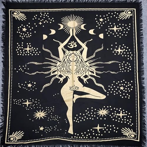 THE ART BOX Altartuch Tarotkarten Tischservietten Hexereizubehör Schwarzgold Tischdecke Quadratisch Alter Pagan Spirituelles Himmlisches Decktuch mit Fransen, Natraj-Gold, 60x60 cm von THE ART BOX