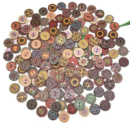 50/100 runde dekorative Knöpfe aus Holz mit Blumendruck, 2 Löcher, Blumenprozess, bemalte Holz-Manschettenknöpfe, DIY-Nähprozess (100 Stück, 25 mm) von THEDAYBABY