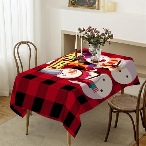 THEDAYBABY ZBQ9197 (8), 133 x 274 cm, Rot / Schwarz kariert, Motiv: Schlitten und Schneemann, Tischdecke für Weihnachten, Party, Neujahrsdekoration von THEDAYBABY