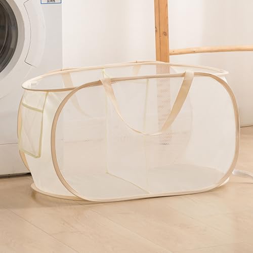 THEGA Faltbarer, Mehrschichtiger Wäschekorb for Den Haushalt, Verdickter, Unterteilter Wäschekorb, Aufbewahrungskorb for Das Schlafzimmer Mit Zwei Fächern, Strapazierfähiges Netzmaterial(Beige) von THEGA