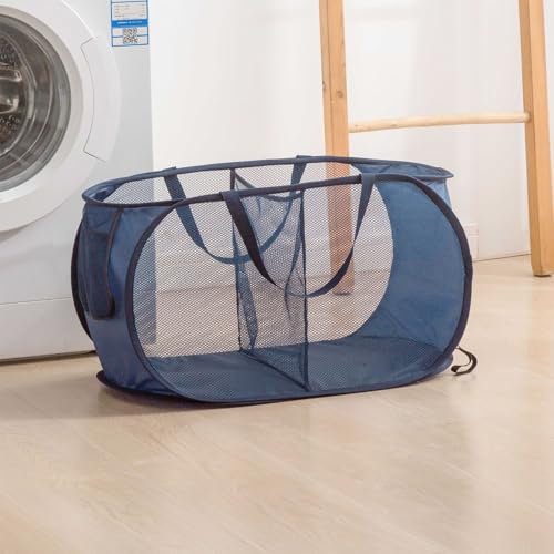 THEGA Faltbarer, Mehrschichtiger Wäschekorb for Den Haushalt, Verdickter, Unterteilter Wäschekorb, Aufbewahrungskorb for Das Schlafzimmer Mit Zwei Fächern, Strapazierfähiges Netzmaterial(Blue) von THEGA
