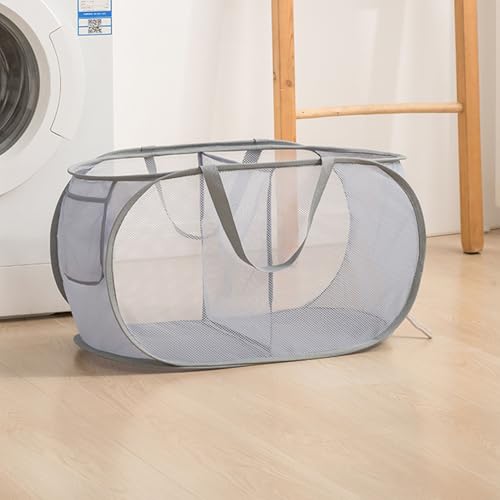 THEGA Faltbarer, Mehrschichtiger Wäschekorb for Den Haushalt, Verdickter, Unterteilter Wäschekorb, Aufbewahrungskorb for Das Schlafzimmer Mit Zwei Fächern, Strapazierfähiges Netzmaterial(Gray) von THEGA