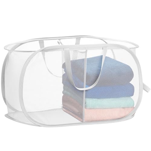 THEGA Faltbarer, Mehrschichtiger Wäschekorb for Den Haushalt, Verdickter, Unterteilter Wäschekorb, Aufbewahrungskorb for Das Schlafzimmer Mit Zwei Fächern, Strapazierfähiges Netzmaterial(White) von THEGA