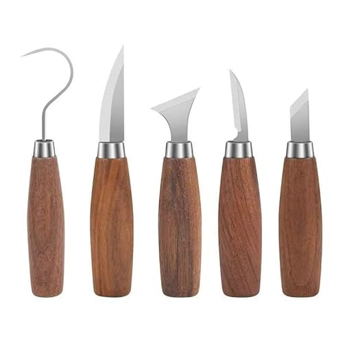 Set mit 5 professionellen Holzschnitzmeißeln, Klingen aus Karbonstahl mit Walnuss-Griff, für Detailarbeiten und Entbearbeiten von THGILNUS