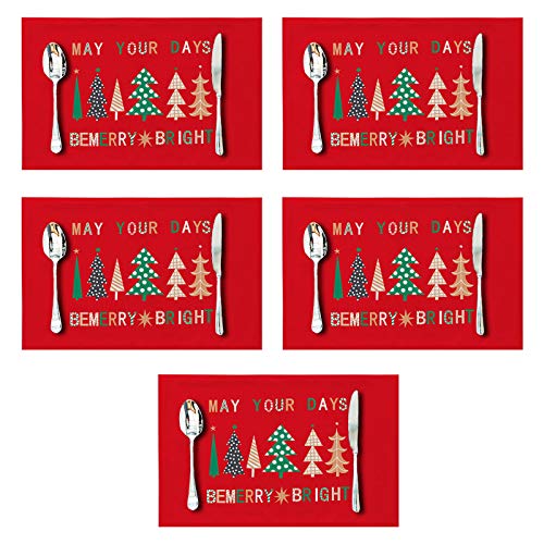 5pcs Weihnachten Cartoon Placemat Süßer Weihnachtsbaum Elch Schneemann Druck Wasserresistente Dicke Leinenmatte Für Urlaub Dinnerparty Dekoration Weihnachtsbaum von THINCAN