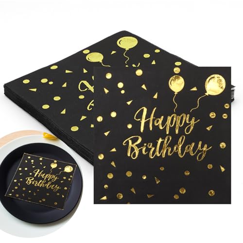 Einweg-Papierservietten, Geburtstag, 20 Stück, Servietten, Happy Birthday, schwarz, goldfarben, 34 x 34 cm, Cocktailserviette, Tischdecke, Dekoration für Mädchen, Jungen, Party, Haus Einweg-Papierservietten, Geburtstag, 20 Stück, Servietten, Happy Birthday, schwarz, goldfarben, 34 x 34 cm, Cocktailserviette, Tischdecke, Dekoration für Mädchen, Jungen, Party, Haus von THKO