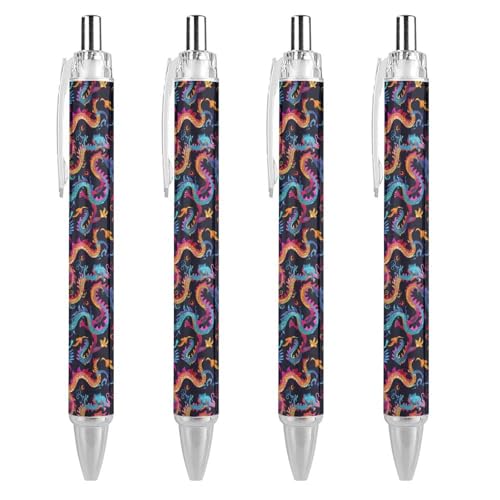 THKVSV Colorful Dragons Kugelschreiber, gemustert, einziehbar, schwarz, runder Schaft, feine Spitze, 0,5 mm, 4 Stück THKVSV Colorful Dragons Kugelschreiber, gemustert, einziehbar, schwarz, runder Schaft, feine Spitze, 0,5 mm, 4 Stück von THKVSV
