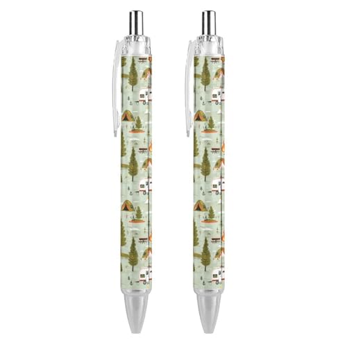 THKVSV Happy Camping Kugelschreiber, gemustert, einziehbar, schwarz, runder Schaft, feine Spitze, 0,5 mm, 4 Stück von THKVSV