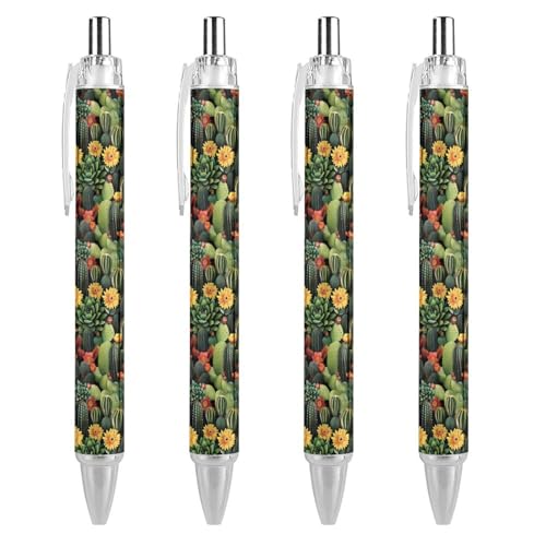 THKVSV Kaktuspflanzen-Kugelschreiber, gemustert, einziehbar, schwarz, runder Schaft, feine Spitze, 0,5 mm, 4 Stück von THKVSV