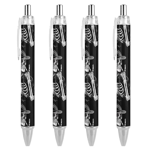 THKVSV Lustiger Totenkopf-Skelett-Kugelschreiber, gemustert, einziehbar, schwarz, runder Schaft, feine Spitze, 0,5 mm, 4 Stück von THKVSV