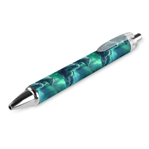 THKVSV Polar Bear Family Northern Lights Kugelschreiber, gemustert, einziehbar, schwarz, runder Schaft, feine Spitze, 0,5 mm, 4 Stück von THKVSV