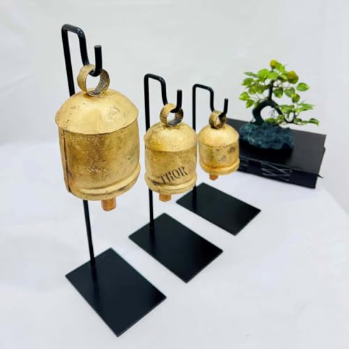 Handgefertigte Messing-Finish-Hänglocken für Türglocken mit Juteseil, Shabby-Chic-Dekoglocken (antikes Glockenspiel auf Ständer (8,9,5,12 cm) von THOR INSTRUMENTS