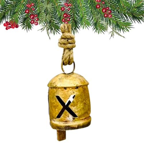 Rustikale goldfarbene Metallglocken mit Sternausschnitten, handgefertigt, Bauernhaus-Weihnachtsschmuck mit Juteseil, perfekt für Urlaubsdekoration, drinnen (Kreuzstil (2,5 x 2,5 x 4) von THOR INSTRUMENTS