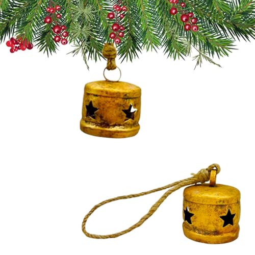 Rustikale goldfarbene Metallglocken mit Sternausschnitten Handgefertigte Bauernhaus-Weihnachtsschmuck mit Juteseil, perfekt für Urlaubsdekoration, drinnen (Trommelstern (2 x 2 x 2,5 cm) von THOR INSTRUMENTS