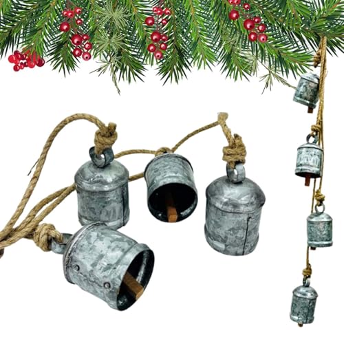 Rustikaler Stil, 4 Glocken, handgefertigt, Metall, Harmonie, Weihnachten, hängende Kuhglocken an Juteseil (silberfarbene Glocke am Seil (6,3 x 6,3 x 80,9 cm) von THOR INSTRUMENTS