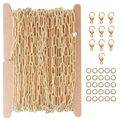 THREENEST Büroklammerketten aus Edelstahl, 3 mm, mit Karabinerverschlüssen und Biegeringen, 18 K echtvergoldet, gelötetes Kabel, lange Bastelkette für Halsketten, Armbänder, Ohrringe von THREENEST