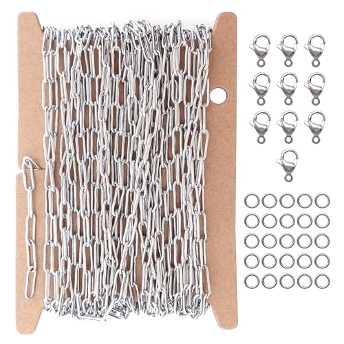 THREENEST Büroklammerketten aus Edelstahl mit Karabinerverschlüssen und Biegeringen, gelötetes Kabel, lange Bastelkette für Halsketten, Armbänder, Ohrringe, Schmuckherstellung, 4,6 m, 3 m (Stahl) von THREENEST