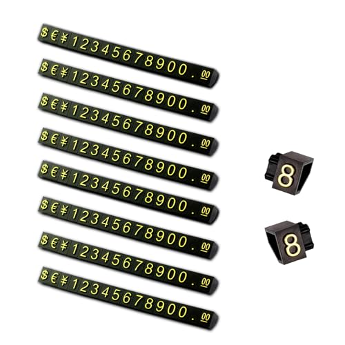 THXFUNAREA 8 Stück Preisschilder Nummer Buchstabe Preis Würfel Anzeige Nummer Verstellbar Buchstabe Preisschild Halter Block Set für Magazin Schmuck Uhr (Schwarz auf golden) von THXFUNAREA