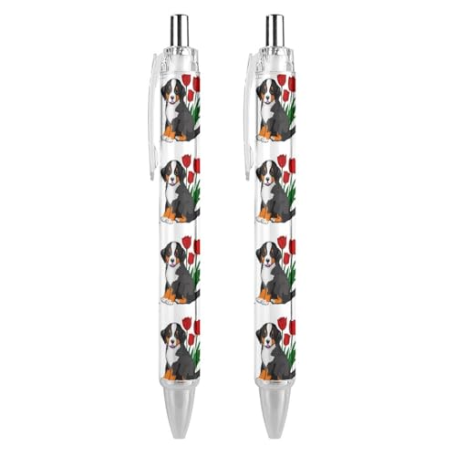 THisdownd Druckkugelschreiber mit Berner Sennenhund und Blumen, tragbar, blaue Tinte, Kugelschreiber, Arbeitsstifte für Zuhause, Büro, 2 Stück von THisdownd