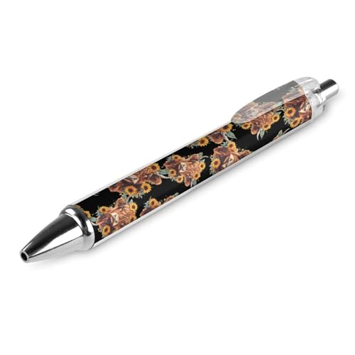 THisdownd Sunflower Highland Cow Kugelschreiber, einziehbar, 0,5 mm, glattes Schreiben, schwarze Tinte, Kugelschreiber, Notizen, Zubehör für Büro, 1 Stück von THisdownd