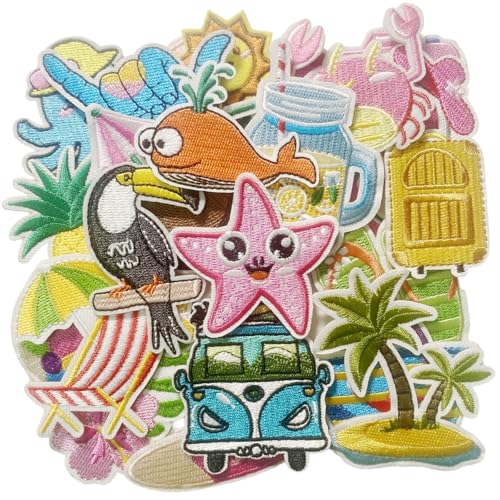 Aufnäher zum Aufbügeln, Motiv: Sommer, Strand, Urlaub, tropische Landschaft, Surfbrett, bestickte Applikation, DIY Hitzepresse, Stickerei für Kleidung, Hut, Hemd, Denim, Jeans, Taschen, 23 Stück Aufnäher zum Aufbügeln, Motiv: Sommer, Strand, Urlaub, tropische Landschaft, Surfbrett, bestickte Applikation, DIY Hitzepresse, Stickerei für Kleidung, Hut, Hemd, Denim, Jeans, Taschen, 23 Stück von TIAMECH