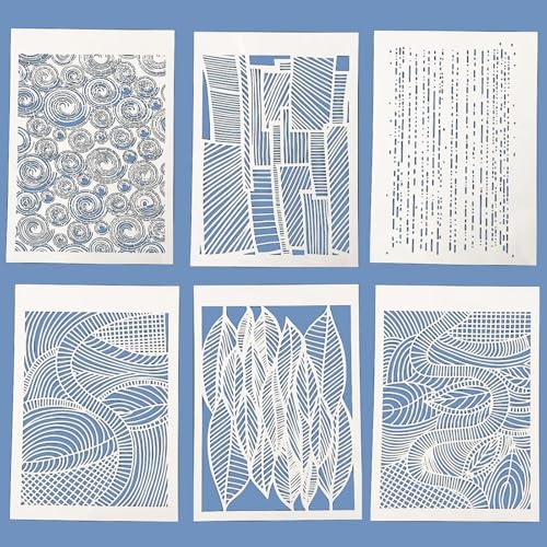TIAMECH 6 Stück abstrakte Geometrie-Textur-Schablonen zum Malen, wiederverwendbar, hohle Blätter, Linien, Schichtschablone, DIY, Scrapbooking, Malen, dekorative A4-Vorlagen von TIAMECH