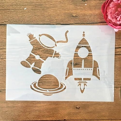 TIAMECH Wiederverwendbare Astronauten-Schablone zum Malen, Raketenplaneten, Schablone, DIY-Wandkunst, Holzmöbel, Scrapbook und Handwerk (21,1 x 29,7 cm) von TIAMECH