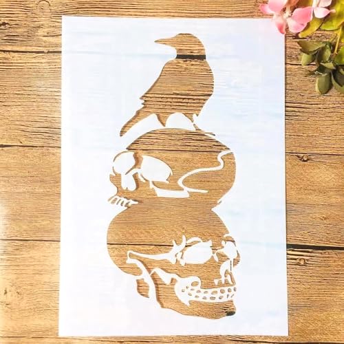 TIAMECH Wiederverwendbare Halloween-Schablone mit Krähenschädel, A4, zum Bemalen – Horror-Geisteratmosphäre, Layering-Vorlage, DIY-Wandkunst, Holzmöbel, Scrapbook und Handwerk (21,1 x 29,7 cm) von TIAMECH