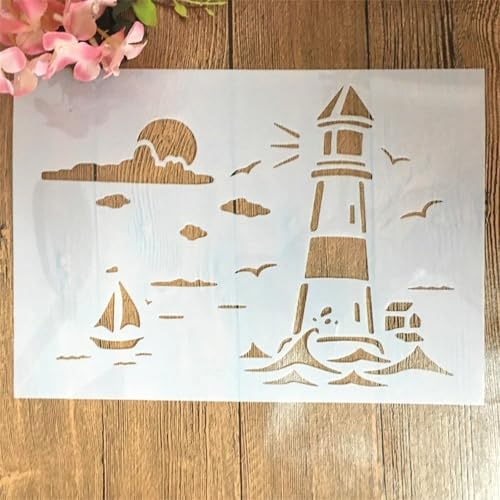 TIAMECH Wiederverwendbare Leuchtturm-Schablone zum Bemalen – Strand-Sonnenaufgang-Schablone, DIY-Wandkunst, Holzmöbel, Scrapbook und Handwerk (21,1 x 29,7 cm) von TIAMECH