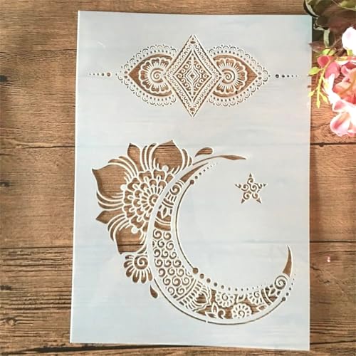 TIAMECH Wiederverwendbare Schablone für Malerei, Motiv: Palast, Mond, Blume, Totem-Schichtschablone, DIY-Wandkunst, Holzmöbel, Scrapbook und Handwerk (21,1 x 29,7 cm) von TIAMECH