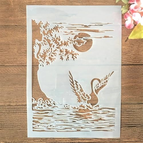 TIAMECH Wiederverwendbare Schwanensee-Schablone zum Malen, A4, Flügel ausbreiten, Schwanen-Mond-Schichtschablone, DIY-Wandkunst, Holzmöbel, Scrapbook und Handwerk (21,1 x 29,7 cm) von TIAMECH