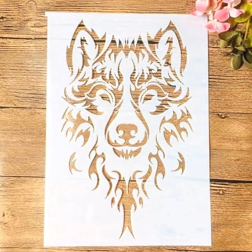 TIAMECH Wiederverwendbare Wildwolf-Schablone zum Malen, Wölf-Schablone im Tribal-Stil, DIY-Wandkunst, Holzmöbel, Scrapbook und Handwerk (21,1 x 29,7 cm) von TIAMECH