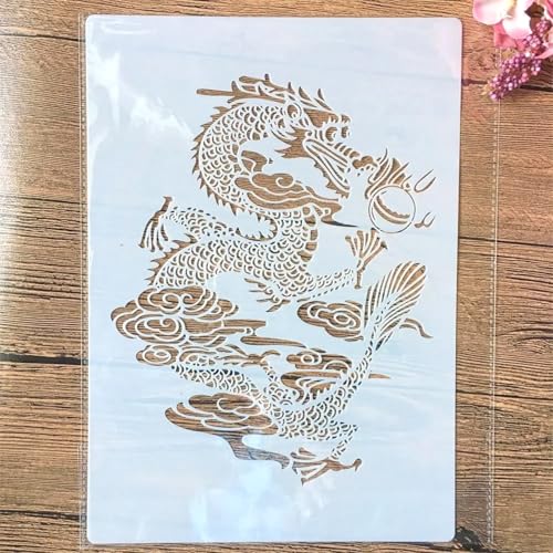 TIAMECH Wiederverwendbare chinesische Drachen-Schablone zum Malen, traditioneller Mythos, Dino-Totem-Schichtvorlage, DIY-Wandkunst, Holzmöbel, Scrapbook und Handwerk (21,1 x 29,7 cm) von TIAMECH