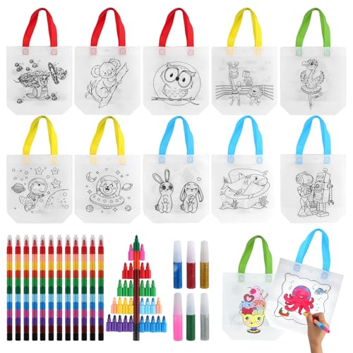 12 Stück Taschen zum Bemalen für Kinder und 6 Stück Stapelbare Wachsmalstifte (12 Farben in 1), Taschen Bemalen Kindergeburtstag, Stoffbeutel zum Bemalen für Kinder für Kindergeburtstag Gastgeschenke von TIANCONGYUN