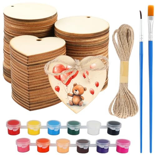 TIANCONGYUN 50 Runde Holzscheiben mit Loch 5cm, 20 Herzförmige Holzherzen, Holzscheiben 5cm, Holzanhänger zum Bemalen für Weihnachtsdekoration, Malerei, DIY Handwerk von TIANCONGYUN