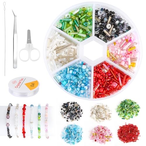TIANCONGYUN Ca. 3000 Glasperlen Für Armbänder, 6 Farben Glass Beads Aufbewahrungskoffer, Schere, Perlnadel, Pinzette, Faden, Verschiedenen Größen Glas Perlen Für Selbermachen von TIANCONGYUN