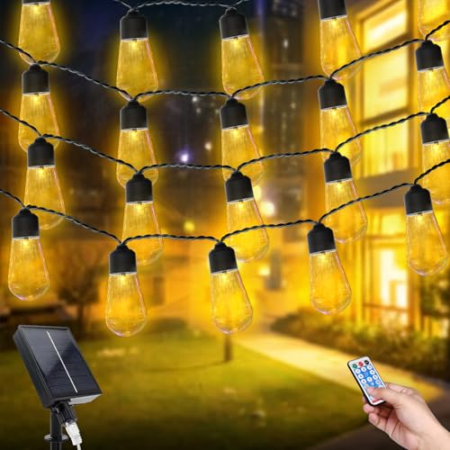 6M Lichterkette Außen Solar Wasserdicht mit 20 Absturzsicherung Glühbirnen, Balkon Lichterkette Solar Wasserfest mit 8 Modi, Pavillon String Lights mit Fernbedienung für Terrasse Deko(6M Warmweiß ) von TIANHOO