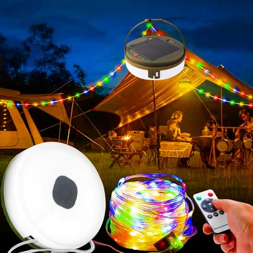 Camping Lichterkette Aufrollbar Solar, 12M 120LEDs Wasserdicht Lichterkette Aufrollbar Outdoor mit 8 Beleuchtungsmodi, Wiederaufladbar LED Campinglampe mit Fernsteuerung für Camping(12M Farbe) von TIANHOO