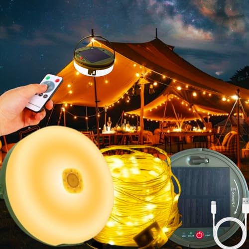 Camping Lichterkette Aufrollbar Solar, 12M 120LEDs Wasserdicht Lichterkette Aufrollbar Outdoor mit 8 Beleuchtungsmodi, Wiederaufladbar LED Campinglampe mit Fernsteuerung für Camping(12M Warmweiß ) von TIANHOO