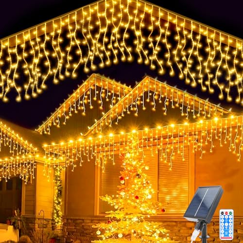 Solar Lichterkette Aussen, 5M Wasserdichte Vorhang Lichter 8 Modes 128 LEDs Eisregen Lichterkette 16 Pcs String Lichter mit Fernbedienung für Garten Hochzeit Party Hausdach Weihnachtsdekoration von TIANHOO