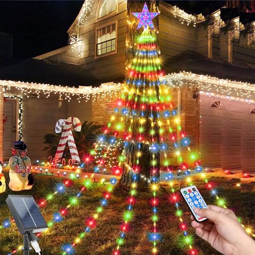 TIANHOO Solar Lichterkette Aussen, 2M 9 Stränge 198 LED Lichterkette mit Topper Stern, 8 Modi, Wasserdicht für Garten & Hochzeitsdekoration von TIANHOO