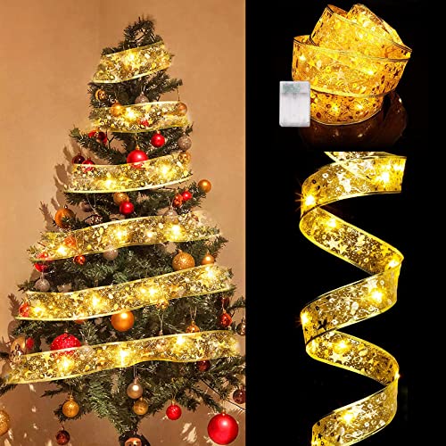 Weihnachtsbaum LED Lichterkette, 5M/16.4ft 50 LED Glänzende Band Lichterkette, Batteriebetrieben Weihnachtsbaum Lichterkette Glänzende Band für Dekoration Indoor Hochzeit Weihnachtsdekoration (Gold) von TIANHOO