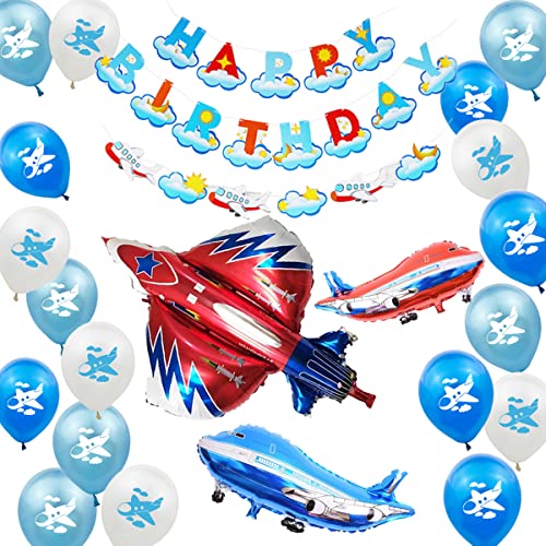 Flugzeug Geburtstagsdeko Set, Flugzeug Thema Luftballons, Flugzeug Deko Luftballon,Flugzeug Geburtstag Dekorationen,Flugzeug-Luftballons Happy Birthday Banner Girlande für Flugzeug Party Supplies von TIANJZSUN
