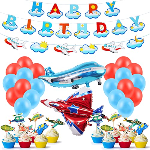 Flugzeug Party Dekorationen,Flugzeug Geburtstag Dekorationen,Vintage Flugzeug und Wolken Girlande Banner,Blaue Flugzeug Thema Luftballons für Cloud Plane Theme Birthday Party Decorations Supplies von TIANJZSUN