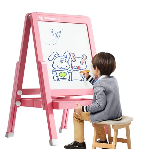 Holzkunst-Staffelei für Kinder, doppelseitig, höhenverstellbar, Holzstaffelei mit magnetischer Kreidetafel für Kleinkinder und Kinder (Pink) von TIANJZSUN