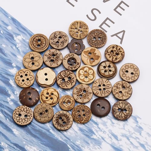 TIANLIN Knöpfe für Strickjacke, 170 Stück Kokosnussschale Knöpfe Basteln, 12,5 mm, 11 mm und 10 mm, Kokosknöpfe, 17 Stile, Mantelknöpfe für Nähen und Heimwerken von TIANLIN