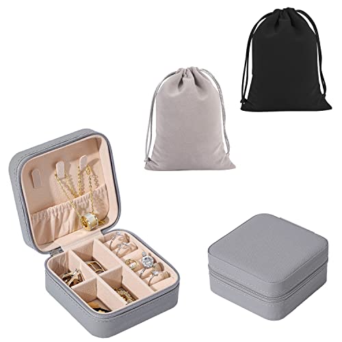 TIANNAIT 1 Stück Schmuck-Organizer mit 2 Stück Organizer-Taschen, PU-Leder, tragbare Schmuckschatulle, Mini-Reise-Schmuck-Geschenkbox, kleine Schmuckschatulle für Frauen, Mädchen (Grau) von TIANNAIT