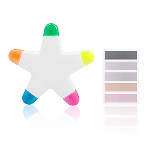 TIANNAIT 1 Stück fünfzackiger sternförmiger Textmarker, Marker, fünfin-einem, mehrfarbiger Textmarker, geeignet für Kinder und Erwachsene, Schule, Büro, Arbeit, mit 1 Packung Index-Etikettenaufklebern von TIANNAIT