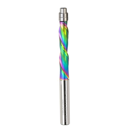 Down Cut Spiralfräser-Bit, 6,35 mm (1/4 Zoll), Vollhartmetall, bündig, Fräser-Bits mit unterem Lager, Nano-Multicolor-Beschichtung, 1-1/4 Schnittlänge für Holzbearbeitung von TIBOO DAY