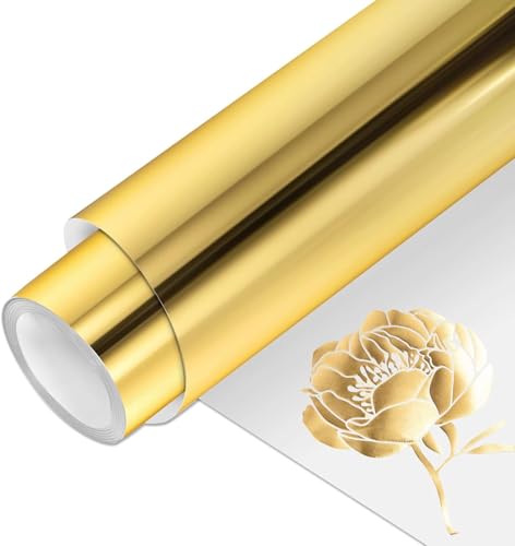 PU Metallic Thermotransfer Vinylrolle, 12"x6ft harte Metallbeschriftungsfolienrolle HTV für DIY-Kleidung, T-Shirts, Stofffolie zum Aufbügeln auf Vinyl, kompatibel mit Heißpressen (hart, Gold) von TICFOX